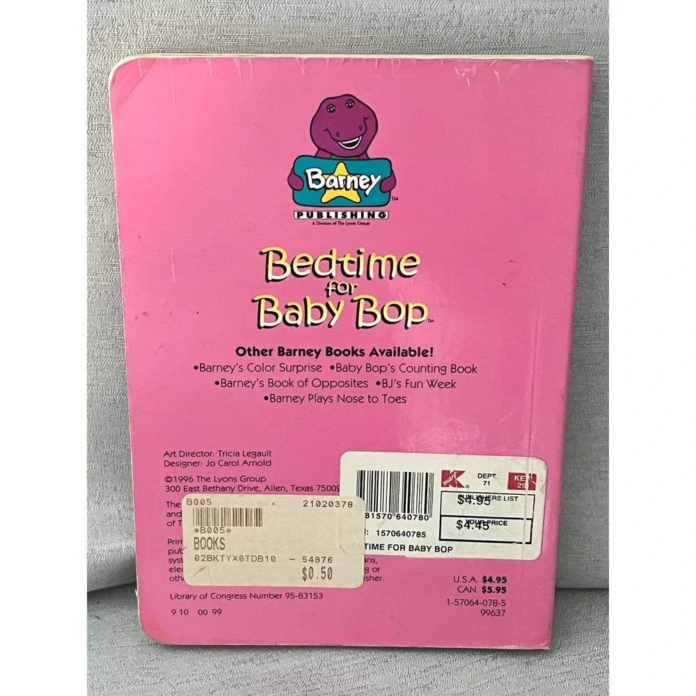 Bedtime for Baby Bop Barney & Friends Board Book 1996 Vintage Donna Cooner